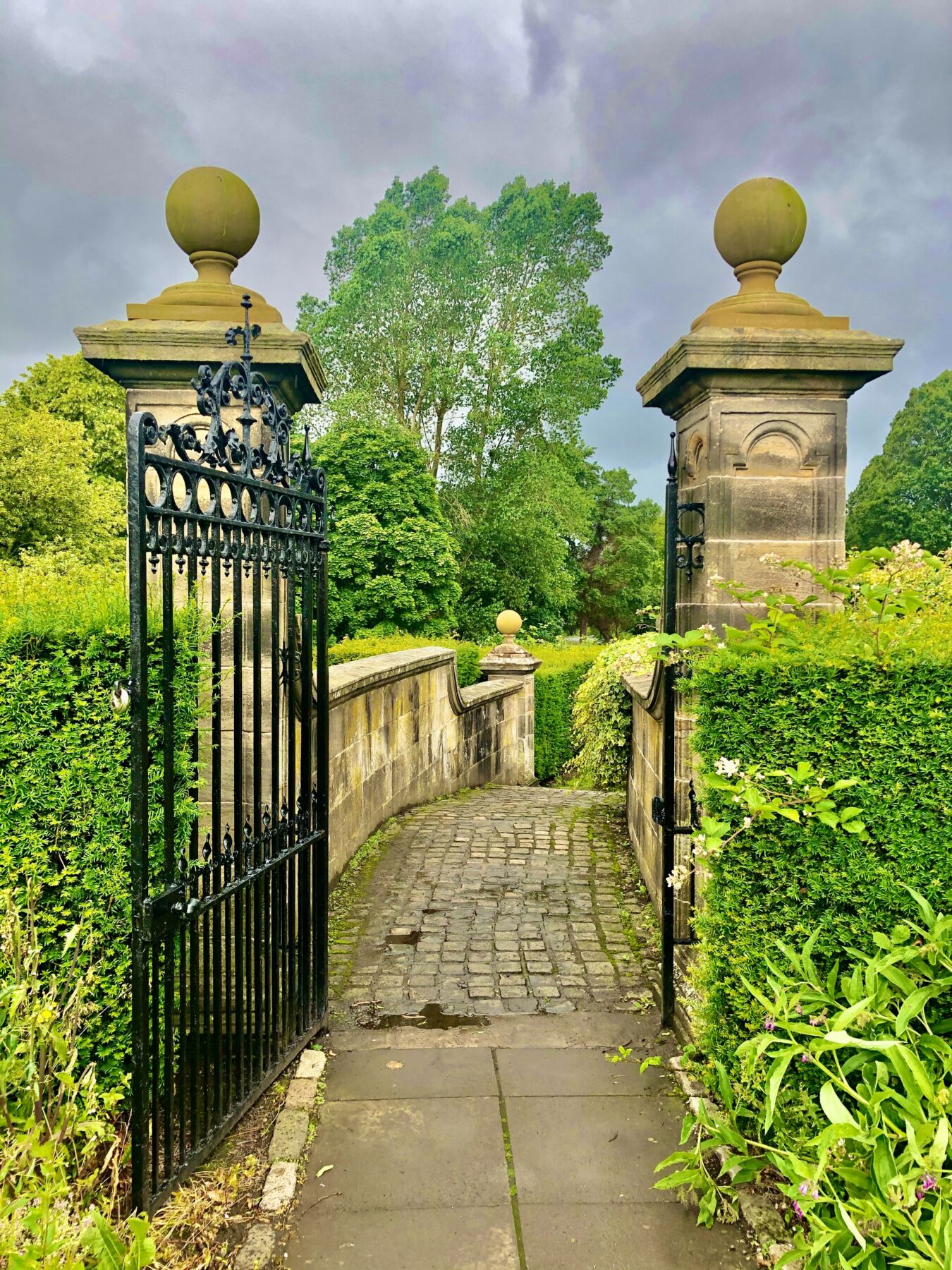 This is an image of an automatic gate in front of a driveway residential home,